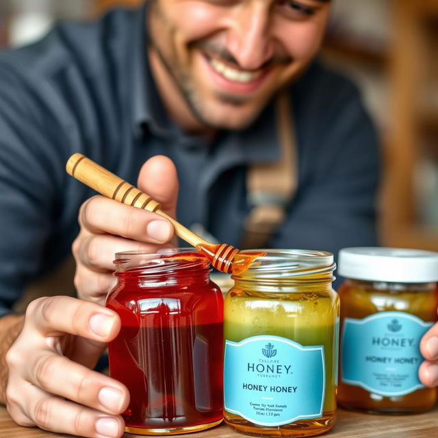 A close-up image of a man mixing various types of honey in a small container