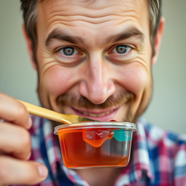 A close-up thumbnail for a video in a 9:16 aspect ratio featuring a man mixing various types of honey in a small vibrant container