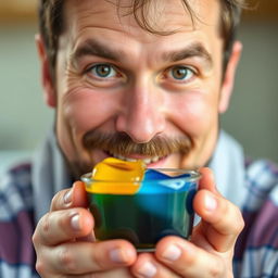 A close-up thumbnail for a video in a 9:16 aspect ratio featuring a man mixing various types of honey in a small vibrant container