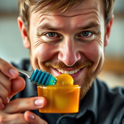 A close-up thumbnail for a video in a 9:16 aspect ratio featuring a man mixing various types of honey in a small vibrant container