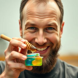A close-up thumbnail for a video in a 9:16 aspect ratio featuring a man mixing various types of honey in a small vibrant container