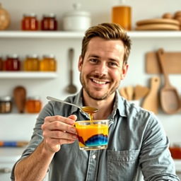 A thumbnail for a video in 9:16 aspect ratio depicting a man mixing various types of colorful honey into a small container