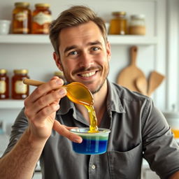 A thumbnail for a video in 9:16 aspect ratio depicting a man mixing various types of colorful honey into a small container