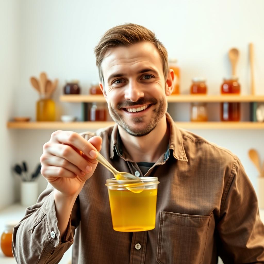 A thumbnail for a video in 9:16 aspect ratio depicting a man mixing various types of colorful honey into a small container