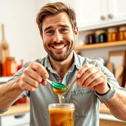 A thumbnail for a video in 9:16 aspect ratio depicting a man mixing various types of colorful honey into a small container