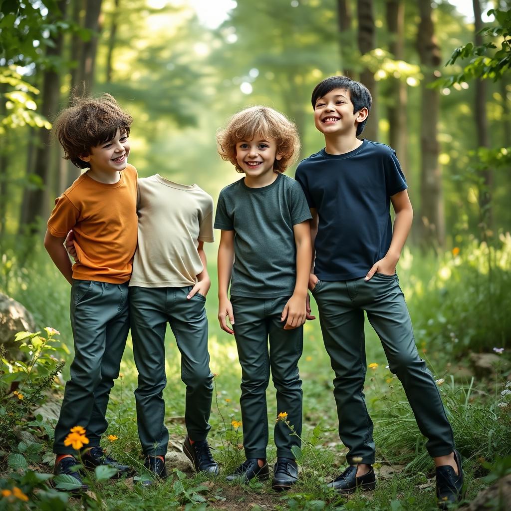 Three boys wearing dark olive-green knee-length leather pants, standing together in a lush German forest, smiling and laughing joyfully