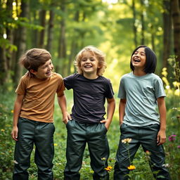 Three boys wearing dark olive-green knee-length leather pants, standing together in a lush German forest, smiling and laughing joyfully