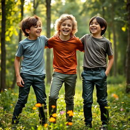 Three boys wearing dark olive-green knee-length leather pants, standing together in a lush German forest, smiling and laughing joyfully