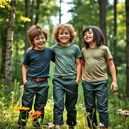 Three boys wearing dark olive-green knee-length leather pants, standing together in a lush German forest, smiling and laughing joyfully