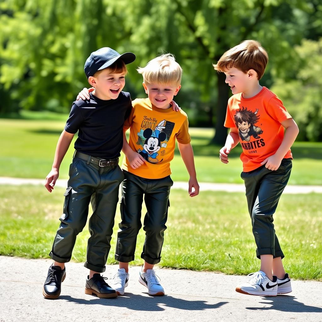 Three German boys in a playful outdoor setting, wearing stylish dark olive-green knee-length leather pants