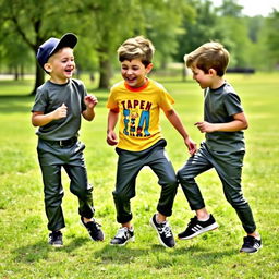 Three German boys in a playful outdoor setting, wearing stylish dark olive-green knee-length leather pants