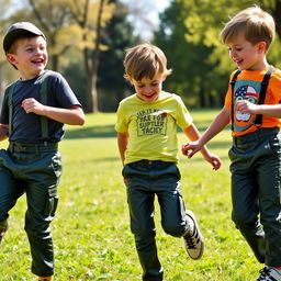 Three German boys in a playful outdoor setting, wearing stylish dark olive-green knee-length leather pants