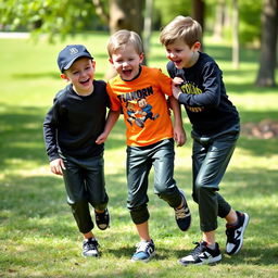 Three German boys in a playful outdoor setting, wearing stylish dark olive-green knee-length leather pants