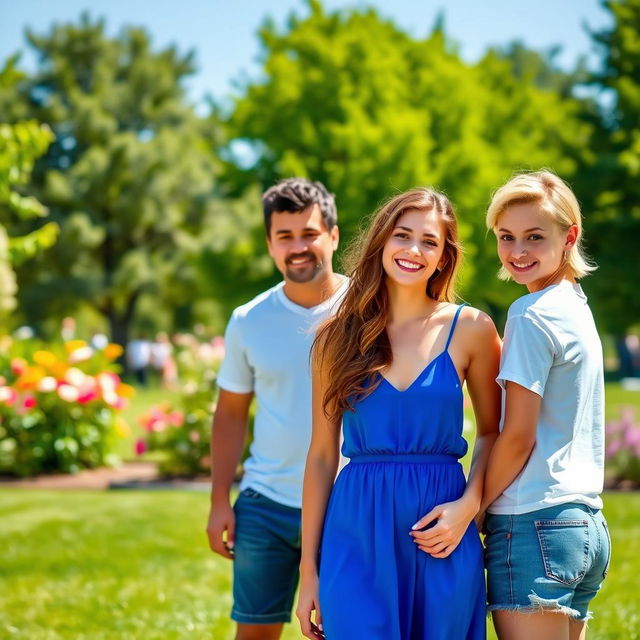 A scene set in a vibrant park on a sunny day, featuring three young adults: a person in the center with two girls beside them