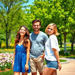 A scene set in a vibrant park on a sunny day, featuring three young adults: a person in the center with two girls beside them