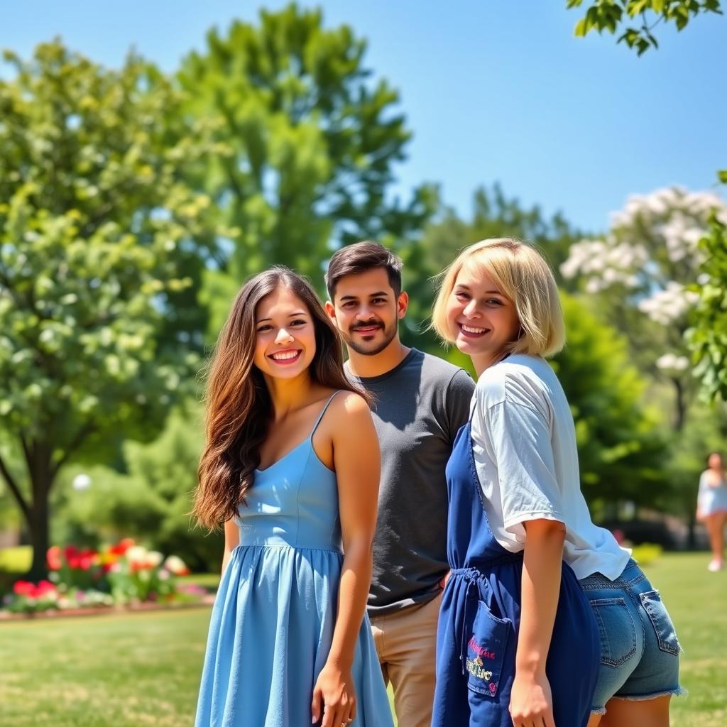 A scene set in a vibrant park on a sunny day, featuring three young adults: a person in the center with two girls beside them