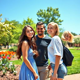 A scene set in a vibrant park on a sunny day, featuring three young adults: a person in the center with two girls beside them