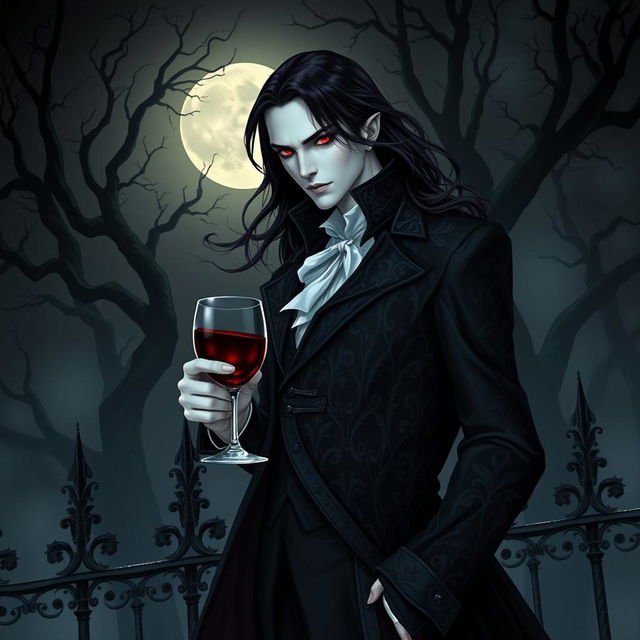 An elegant vampire character for a gothic novel cover, featuring a tall and striking figure with pale skin and sharp, angular features