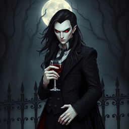 An elegant vampire character for a gothic novel cover, featuring a tall and striking figure with pale skin and sharp, angular features