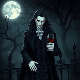 An elegant vampire character for a gothic novel cover, featuring a tall and striking figure with pale skin and sharp, angular features