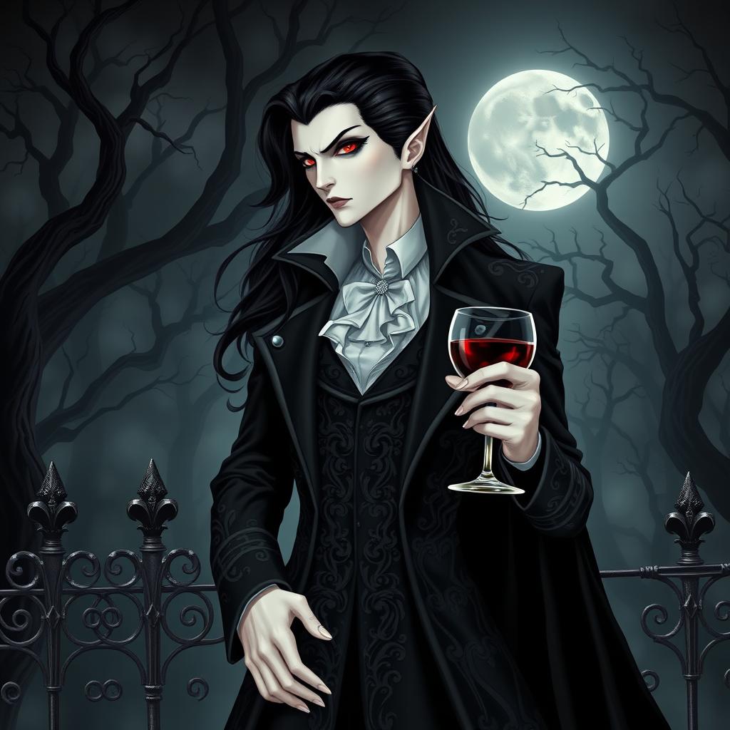 An elegant vampire character for a gothic novel cover, featuring a tall and striking figure with pale skin and sharp, angular features