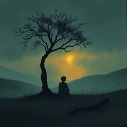 An emotional and poetic illustration depicting a lone figure sitting beneath a dimly lit tree at twilight in a misty, barren landscape