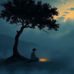 An emotional and poetic illustration depicting a lone figure sitting beneath a dimly lit tree at twilight in a misty, barren landscape