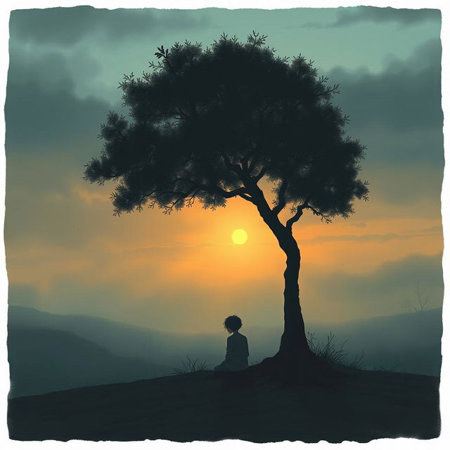 An emotional and poetic illustration depicting a lone figure sitting beneath a dimly lit tree at twilight in a misty, barren landscape