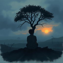An emotional and poetic illustration depicting a lone figure sitting beneath a dimly lit tree at twilight in a misty, barren landscape