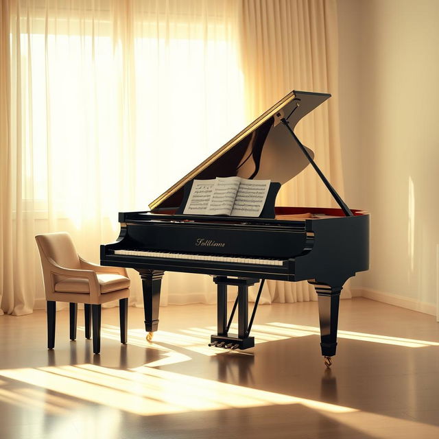 A beautifully crafted grand piano situated in a softly lit room