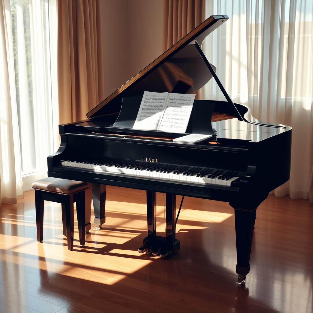 A beautifully crafted grand piano situated in a softly lit room