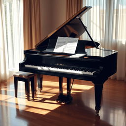 A beautifully crafted grand piano situated in a softly lit room