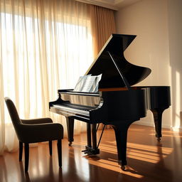 A beautifully crafted grand piano situated in a softly lit room