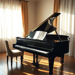A beautifully crafted grand piano situated in a softly lit room