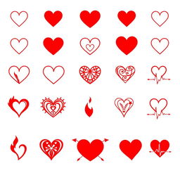 A collection of various heart designs in vibrant red, showcasing a range of styles including solid hearts, outlines, patterned hearts, geometric designs, intertwined hearts, and broken hearts