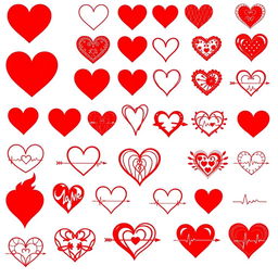 A collection of various heart designs in vibrant red, showcasing a range of styles including solid hearts, outlines, patterned hearts, geometric designs, intertwined hearts, and broken hearts