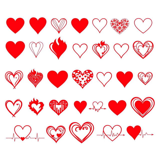 A collection of various heart designs in vibrant red, showcasing a range of styles including solid hearts, outlines, patterned hearts, geometric designs, intertwined hearts, and broken hearts