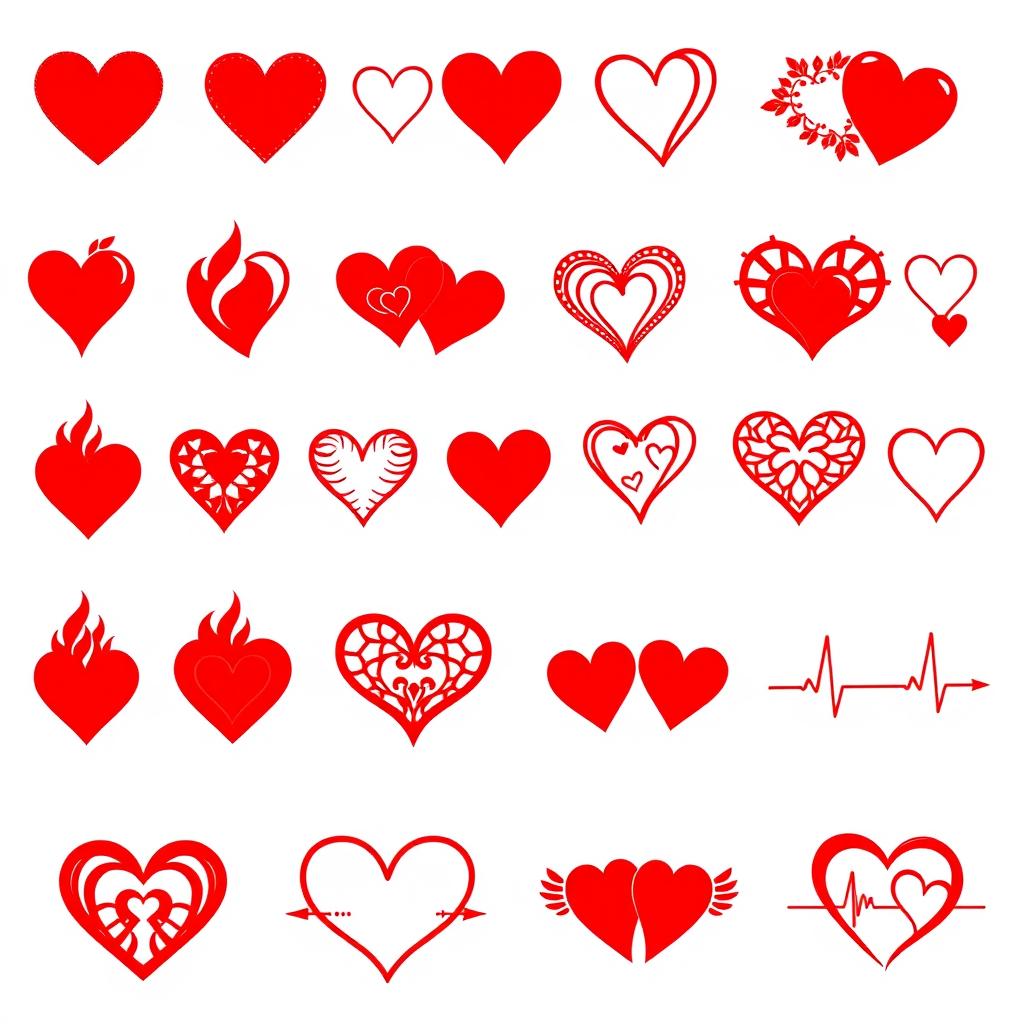 A collection of various heart designs in vibrant red, showcasing a range of styles including solid hearts, outlines, patterned hearts, geometric designs, intertwined hearts, and broken hearts