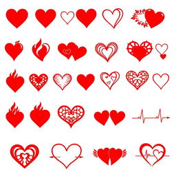 A collection of various heart designs in vibrant red, showcasing a range of styles including solid hearts, outlines, patterned hearts, geometric designs, intertwined hearts, and broken hearts