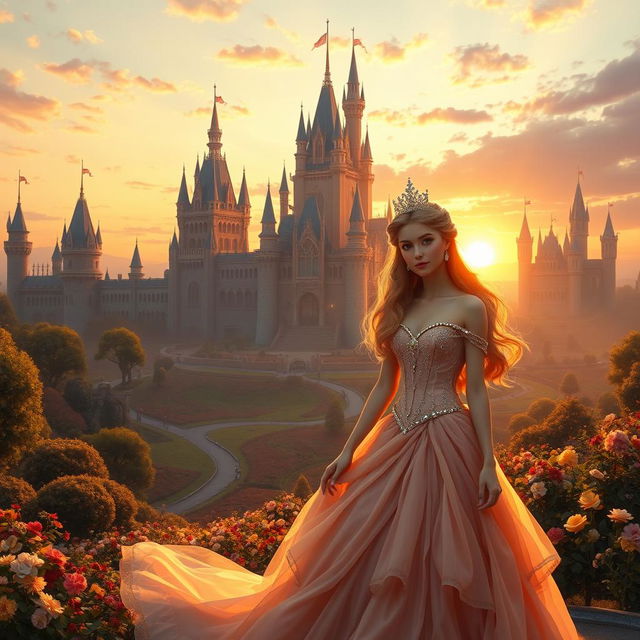 A majestic kingdom at sunset, showcasing grand castles with intricate turrets and sprawling gardens filled with colorful flowers