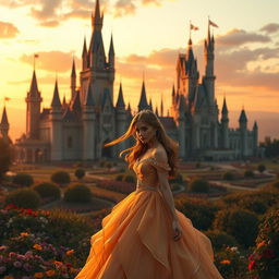 A majestic kingdom at sunset, showcasing grand castles with intricate turrets and sprawling gardens filled with colorful flowers