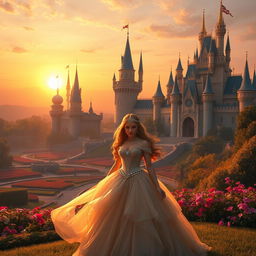 A majestic kingdom at sunset, showcasing grand castles with intricate turrets and sprawling gardens filled with colorful flowers