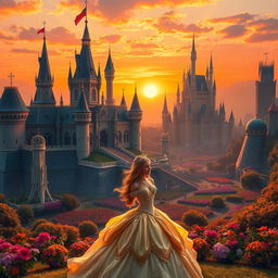 A majestic kingdom at sunset, showcasing grand castles with intricate turrets and sprawling gardens filled with colorful flowers