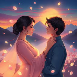 An enchanting and romantic illustration inspired by a Nepali love song, showcasing a couple in a serene, dreamy atmosphere