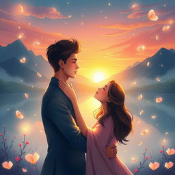 An enchanting and romantic illustration inspired by a Nepali love song, showcasing a couple in a serene, dreamy atmosphere