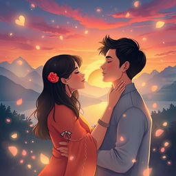 An enchanting and romantic illustration inspired by a Nepali love song, showcasing a couple in a serene, dreamy atmosphere