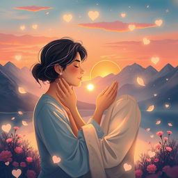 An enchanting and romantic illustration inspired by a Nepali love song, showcasing a couple in a serene, dreamy atmosphere
