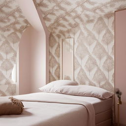 A chic bedroom with short walls and a single small window on the right side covered in beautiful wallpaper. The room is stylishly furnished, showcasing an elegant and trendy atmosphere.