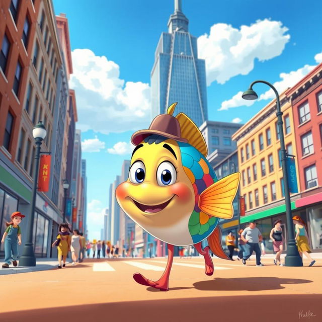 A whimsical, cartoonish scene of a colorful fish walking on the streets of a vibrant city