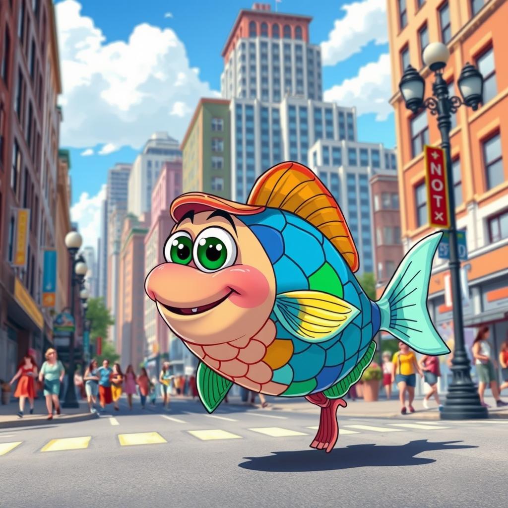 A whimsical, cartoonish scene of a colorful fish walking on the streets of a vibrant city